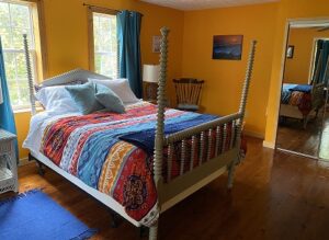 Bohemian inspired bedroom in our overnight rental, the Zen Den.
