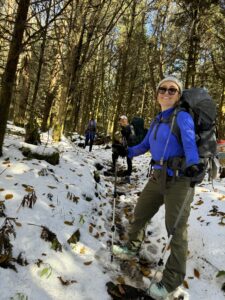 Women's backpacking trip. Guides and guests on a snowy trail.