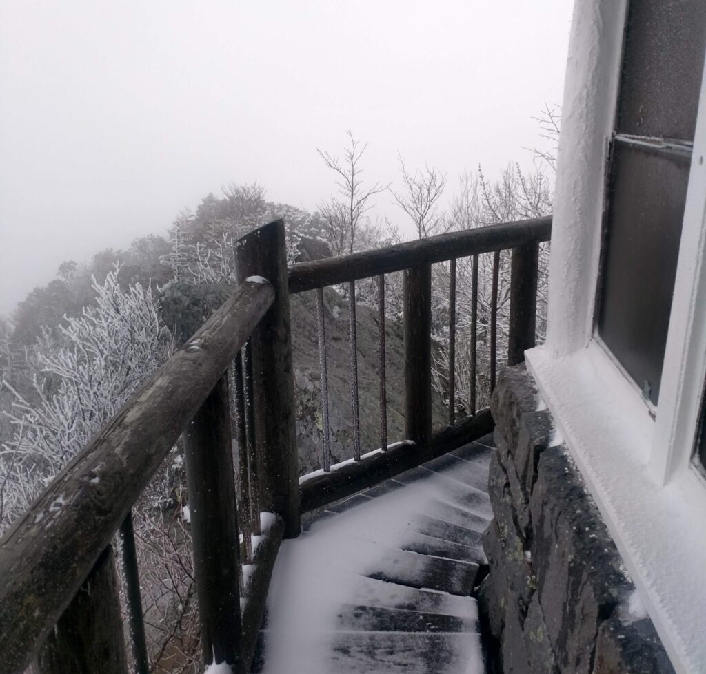 Mt Cammerer fire tower in ice and snow
