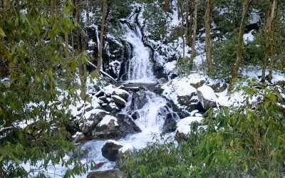Winter waterfall with snow covered rocks