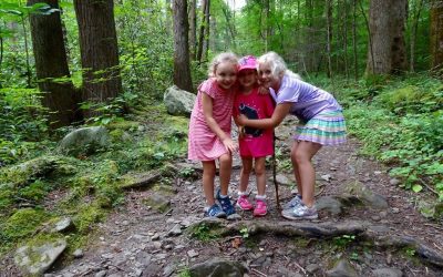 Girl Scout Group on the trail in the lush green forest
