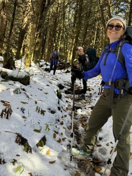 Women's backpacking trip. Guides and guests on a snowy trail.