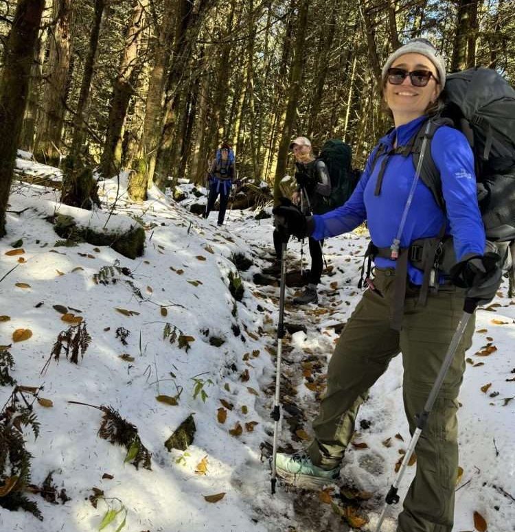 Women's backpacking trip. Guides and guests on a snowy trail.
